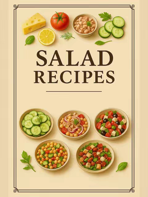 A brightly lit graphic with a cream-colored background and a dark frame. In the center is text that reads "SALAD RECIPES" in large, capitalized letters with a decorative font.  Below the text are six circular bowls arranged in two rows. Each bowl is filled with a different salad and the ingredients used in each salad are scattered around the bowls:  sliced cucumbers, chickpea and cucumber salad, greek salad, and other ingredients like tomatoes, olives, cheese, tuna, and dill.