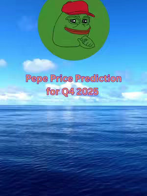 The cover image features a digital artwork depicting a meme frog with a red cap floating above a body of water. Soft blue skies and clouds form the backdrop. Text overlay in a pinkish font reads, 'Pepe Price Prediction for Q4 2025'.