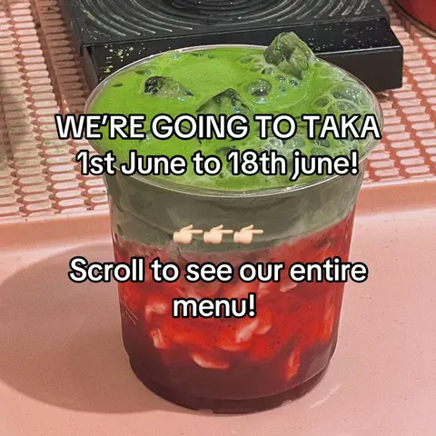 A close-up shot of a matcha drink in a clear plastic cup, with a three-layered presentation. The top layer is a vibrant green, the middle is a muted gray, and the bottom is a deep red. The text overlayed indicates an event announcement.