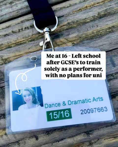The image is a close-up shot showing a clear plastic ID holder with a badge inside. The badge has a picture of a smiling young woman. The ID is attached to a black lanyard. A white text box with black text is overlaid, providing context. The background appears to be wooden.
