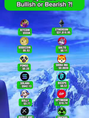 The image features a blue sky and mountain background. In the foreground, there is a green banner with white text that says 'Bullish or Bearish ?!'. Below this label, a series of cryptocurrency logos with prices labeled in green rectangles. Each crypto coin has a symbol representing the cryptocurrency.
