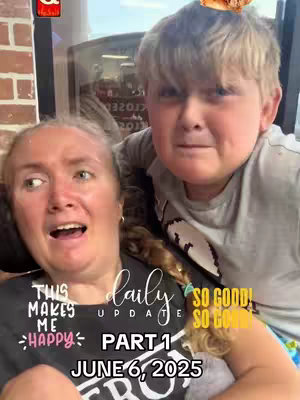 The cover image shows a woman on the left with open mouth expression and a child to her right covering his face. The text overlay at the bottom of the cover image contains the words "THIS MAKES ME HAPPY", "daily update", "PART 1", and "JUNE 6, 2025".
