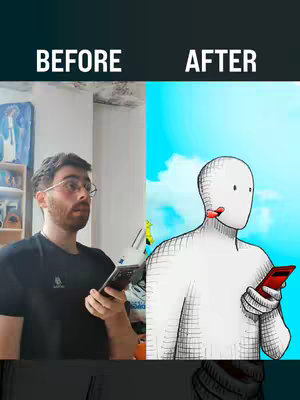 The image is divided into two vertical sections, labeled 'BEFORE' and 'AFTER'. The 'BEFORE' side shows a man with glasses, holding a phone. On the 'AFTER' side, an abstract, white figure with a red tongue is holding a phone. The background on the 'BEFORE' is a room setting, while the'AFTER' side has a blue sky.