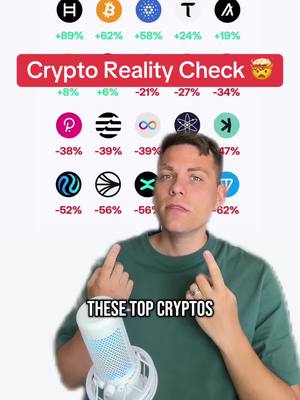 A man with fair skin and short, dark hair is centered in the shot, looking slightly off-camera with a thoughtful expression. Above his head, a grid of cryptocurrency logos and percentage values are displayed, arranged on the left and the right to create a symmetrical layout with a red banner that says "Crypto Reality Check". Below, a white text overlay states "THESE TOP CRYPTOS". The background is a plain, softly lit surface, likely a wall, which puts complete emphasis on the subject and the informational graphics.