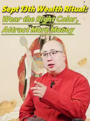 A man with glasses in a red shirt is gesturing towards the viewer. He is set against a background depicting an illustration of a Chinese deity figure. The text on the overlay is in yellow and green font.