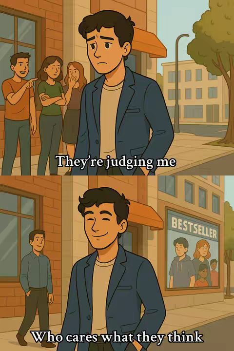 A two-panel comic-style image. Top panel: A man in a blue jacket with a neutral expression is surrounded by three people who appear to be judging him. The bottom panel shows the same man smiling, walking past a shop with a 'Best Seller' sign, and a person walking in the opposite direction in the background. The overall color scheme is warm, with browns and tans dominating the background.