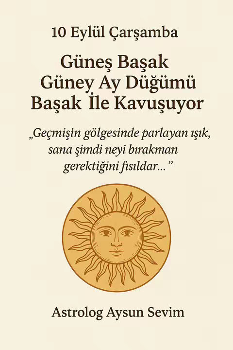 The cover image features a cream-colored background with text overlay and a central illustration. The text is centered at the top and includes the date '10 Eylül Çarşamba' followed by the main theme 'Güneş Başak Güney Ay Düğümü Başak İle Kavuşuyor.' Below this is a quote in italics. In the center is a circular illustration of a sun with rays and a face. At the bottom, the text 'Astrolog Aysun Sevim'. The overall composition has a balanced and clear layout, with a vintage aesthetic due to the color palette.