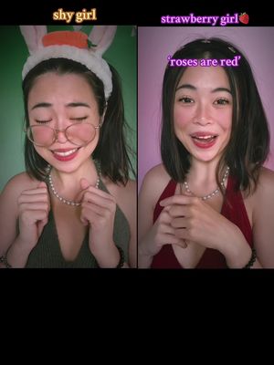 A split-screen cover image features a woman in two different looks. On the left, she's styled as a shy girl wearing bunny ears and glasses. On the right, she's styled as a strawberry girl. Both sides feature the same woman, with slight variations in her makeup and attire.