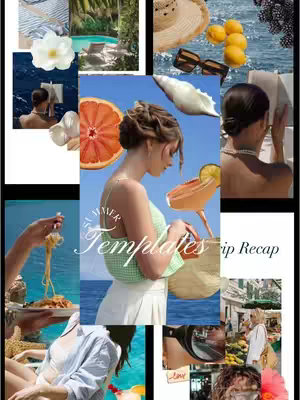 A collage-style cover image. There's a central image of a young woman with styled hair, in profile, and wearing a green top. Several smaller images surround the central figure, including food, a woman reading, a hat, the sea and shells.