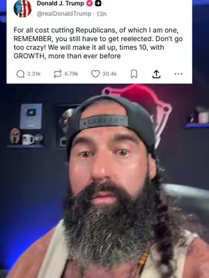A man with a beard and a black hat is looking at the camera with a serious expression. Above him is a screenshot of a tweet from Donald Trump. The background features a dark wall with some framed items.