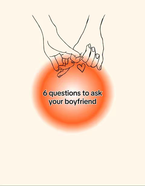 The image features two hands clasped together in a pinky promise, with a drawn heart between the pinky fingers. An orange circular gradient partially obscures the hands, and white text overlaid on top reads "6 questions to ask your boyfriend". The background is a solid cream color.