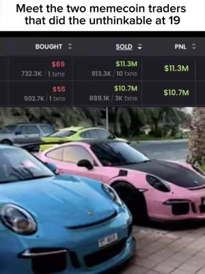 The cover image shows a screen capture of a trading platform, displaying cryptocurrency trading data, juxtaposed against a backdrop of expensive cars. The trading data highlights gains from memecoin trades: a list with buy and sell prices, and profits (PNL) of $11.3M and $10.7M. The background showcases three luxury sports cars, a blue Porsche centered on the left and pink Porsche to the right highlighting the success of memecoin trading. The overall composition aims to visually link financial success (trading profits) with extravagance (the cars)