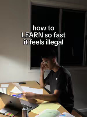 A young man sits at a desk, appearing to study with a laptop and papers. Overlayed text in a large font presents study tips.