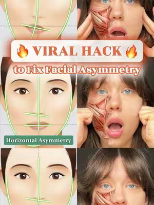 A collage-style image with multiple sections. In the top left is a picture of a face with green lines drawn on it to measure its facial asymmetry. In the top right, a close-up image depicts the skin of a face being pulled apart, exposing the underlying muscles. The middle section features a similar image with more green lines, while the corresponding image in the center-right reveals the skin slightly pulled back, exposing the muscles. The bottom row includes two more face images, with green lines used for measurement and also muscle exposure.