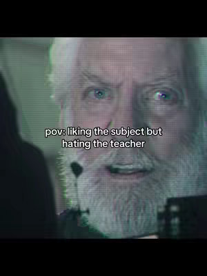 The image shows a close-up of a man with a gray beard and blue watery eyes, likely a still from a film. Overlayed text reads 'pov: liking the subject but hating the teacher'. The overall mood is one of slight frustration or disappointment.