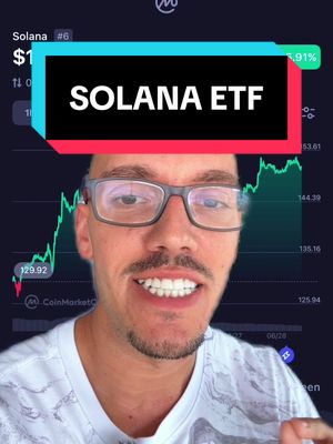 The cover image features a close-up of a man with glasses, smiling and facing the camera. Overlaid at the top is a text box with the words 'SOLANA ETF'. Behind him is a stock market chart.