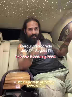 A man with a beard sits in a white-leather-interior car, possibly a luxury vehicle; the backdrop includes a twinkling ceiling. Text overlays list astrological dates and a prediction.