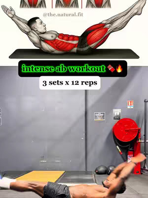 The cover image is a split view. The top half features a detailed anatomical illustration of a man performing a boat pose, with highlighted muscles in red. The text overlay reads 'intense ab workout' with flame emojis. The bottom half shows a man performing the same ab exercise in what appears to be a gym setting.
