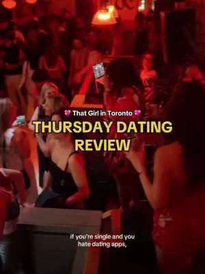 The image shows a crowded bar scene with many people. In the foreground, a woman in a black dress dances while holding a phone. The text overlay reads "THURSDAY DATING REVIEW," indicating that the content is a review of a Thursday dating event.
