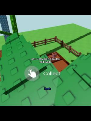 The image is a screenshot from a game that appears to be a gardening simulator within the Roblox platform. The scene is rendered in a low-poly, cartoonish style with vibrant green, brown, and blue hues. The foreground displays a large green area segmented with paths and structures. In the center, a small fenced-in plot suggests a garden, with a brown soil patch and a small plant. Text overlays appear in the image, including instructions. A virtual hand icon hovers at the base. The top of the image features part of a larger structure, possibly a tower or building, with more simple green blocks. The image suggests gameplay and interaction.