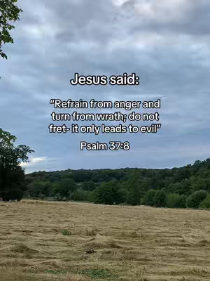 The image shows a field in the foreground, with a forest and a cloudy sky in the background. Text is overlaid on the image with a message from Psalm 37:8.