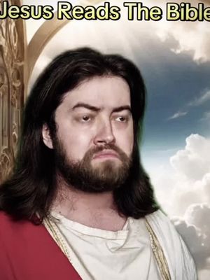 The image features a man styled as Jesus, with shoulder-length dark hair, a beard, and clad in a white robe with a red sash. He has a serious expression. Behind him is a background of billowing clouds and what appears to be a golden archway.