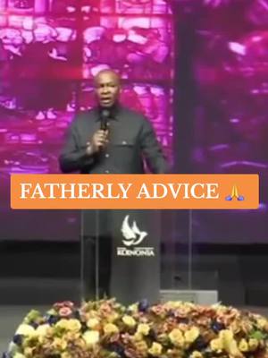 The cover image shows a man speaking into a microphone on a stage. Behind him is a large, purple-hued backdrop. A banner with the text "FATHERLY ADVICE" is superimposed at the bottom. In front of the stage there is a podium with the logo and the name of the church.