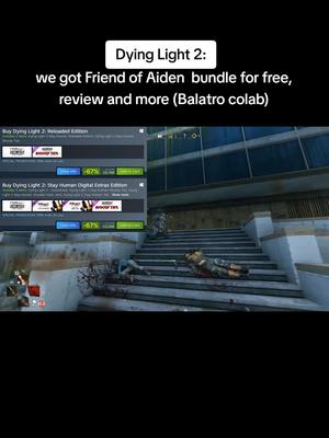 A vertical video screenshot from what appears to be a video game. The foreground features a set of stairs made of a light-colored stone. Two characters are lying on the stairs, seemingly in a combat scene. The background includes a tall glass building, and on the left is some UI elements. The image is set on a dark background.