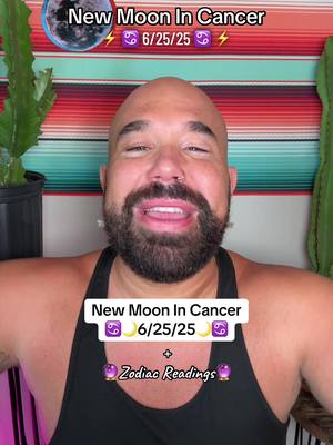 A man with a shaved head, a thick beard, and a black tank top is centered in the image. There is text overlayed near the top and bottom of the screen. The backdrop is a colorful striped pattern, and there are green plants visible on the sides.