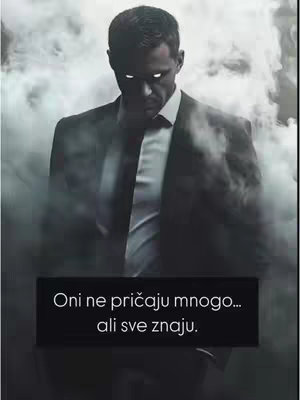 A monochrome image of a man in a dark suit and tie, partially obscured by what appears to be smoke. His eyes glow white, and a text box at the bottom reads a quote.