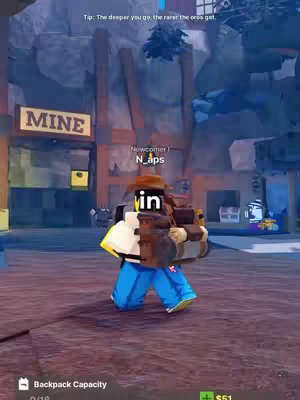 The cover of a Roblox game features a pixelated avatar in a mining setting. The character stands in front of a mine entrance sign, wearing mining gear. Text overlays provide hints on the gameplay and a game element display at the bottom