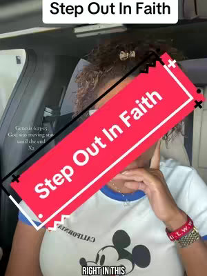 The cover image shows a female creator in the driver's seat, partially obscured by a red and white text overlay that reads "Step Out In Faith." Additional text elements, like a Bible verse, are also included. The overall composition suggests a message of faith or inspiration in an on-the-go setting.