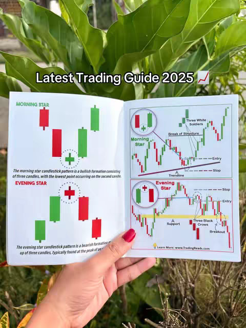 A person holding a book open; on the left side of the book is a diagram describing the Morning Star and Evening Star candlestick pattern, and on the right side, a more complex chart with a 'Trendline,' 'Support' and 'Breakout' labels.