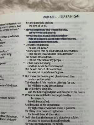 The image shows an open book with text. The text is in black font and covers the majority of the image. There is a subtle highlight effect in the text. Overlaying the book at the top, is a text: ISAIAH 54 and a text hook on the top left of the image that reads: "page 437...".