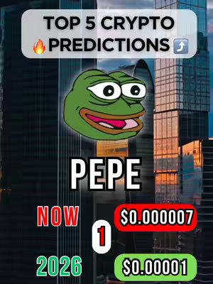 The cover image is a vertical graphic. In the background are tall, modern buildings, suggesting a city skyline. A central graphic element features a Pepe the Frog meme. Above it, there's white text that reads, 'TOP 5 CRYPTO PREDICTIONS' in a slightly arched layout, with a flame emoji and an upward arrow icon next to it. Underneath Pepe, the word 'PEPE' is written in large, bold, white font with a black shadow. Below this, on the left side, is the word 'NOW' in red; the number '1' is in a white box, on the right there's '$0.000007' in red. Below 'NOW,' the text '2026' is written in green also with '$0.00001' below.