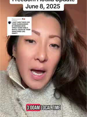 A woman with brown hair and fair skin, partially visible in a video frame. She's wearing a light gray, textured jacket and has her mouth open as if speaking. Above her head are the words "Freedom Flotilla Update June 8, 2025" in a black rectangular box. A smaller box containing text from a commenter is to the left of the woman's face. At the bottom, a red box shows "3:00AM LOCAL TIME.