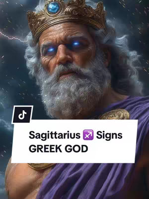 The image is a stylized illustration of the Greek god Zeus. He is an older man with a white beard and hair, wearing a golden crown and a purple toga. His eyes glow with blue light. Behind him, there's a dark, stormy sky with lightning. The lower part of the image has a white banner with text and the TikTok logo.