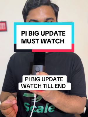 The cover image shows a man holding a microphone with a backdrop that subtly transitions from light to dark. Overlayed are text boxes containing calls to action related to a Pi cryptocurrency update, with another text block at the top promoting the video. His expression is neutral. Overall the image has a modern, informative aesthetic.