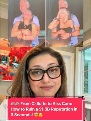 The image shows a woman with glasses in a selfie, in front of a background with two images of a man and woman embracing on a JumboTron. Below the woman in the foreground is a red bar overlaid with text.