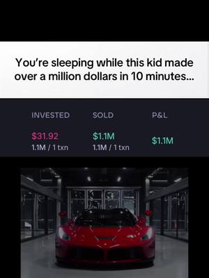 The image is a promotional graphic. At the top, white text on a black background reads, "You're sleeping while this kid made over a million dollars in 10 minutes…". Below, a table shows the investment figures: "INVESTED" with $31.92, "SOLD" with $1.1M, and "P&L" also at $1.1M, with the same text below each number: "1.1M / 1 txn". The background of the image is a sleek red sports car inside of a modern building with some glass and steel elements.