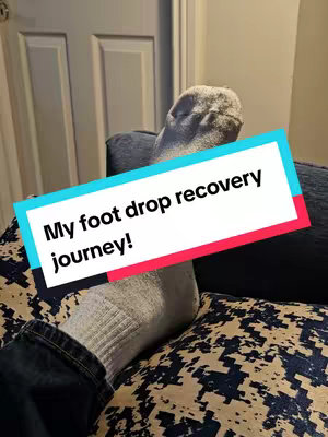 A person's foot in a sock is seen resting on a patterned surface, with a text overlay about a recovery journey.