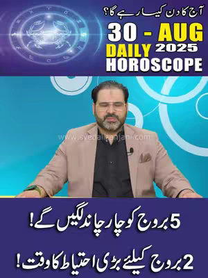 The cover image shows a man in a blazer sitting in front of a light blue background. The top section has text with the date information and the word HOROSCOPE. The lower part of the image shows text in Urdu.