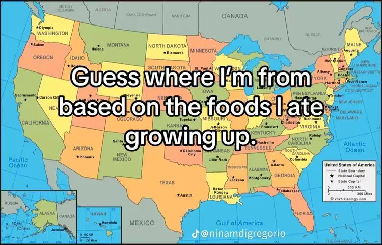 A map of the United States with text overlaid prompting the viewer to guess the creator's home state based on the foods they ate growing up.