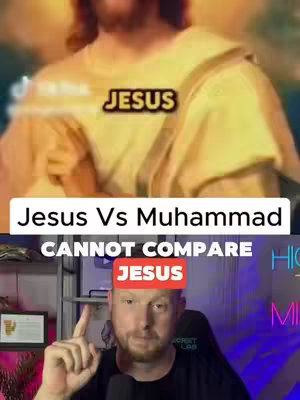 The image is divided into two sections. The top half features a somewhat blurry, golden-hued image of Jesus in classical attire, with the word 'JESUS' in a black box over the center of the image. The bottom half shows a man with fair skin, short blond hair, a goatee, wearing a black t-shirt and pointing his right index finger upwards with a serious expression. A red box with white letters that reads 'JESUS' is placed on his forehead. The text 'Jesus Vs Muhammad' is printed in a white box. Below is text: 'CANNOT COMPARE' in white.
