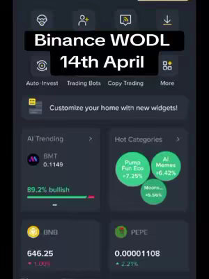 The cover image is a screenshot from the Binance app, showcasing the "WODL" feature. The top part has a black banner with white text that says "Binance WODL" followed by "14th April." Underneath it displays the app interface, with various options like "Auto Invest," "Trading Bots," and "Copy Trading." The main body of the app shows different sections. The overall composition is clean, using a dark theme, and organized to highlight important information related to cryptocurrency trends and trading.