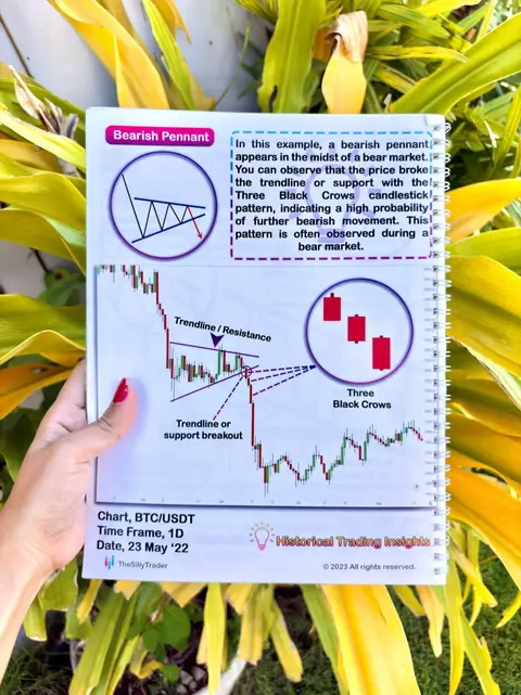A person holding a notebook open, with diagrams and text about "Bearish Pennant" and "Three Black Crows" candlestick patterns. The background features lush green and yellow foliage.
