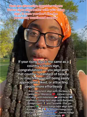 A young woman with an orange headscarf and black-framed glasses speaks directly to the camera. Text overlays explaining astrological sign alignments are added to the video.