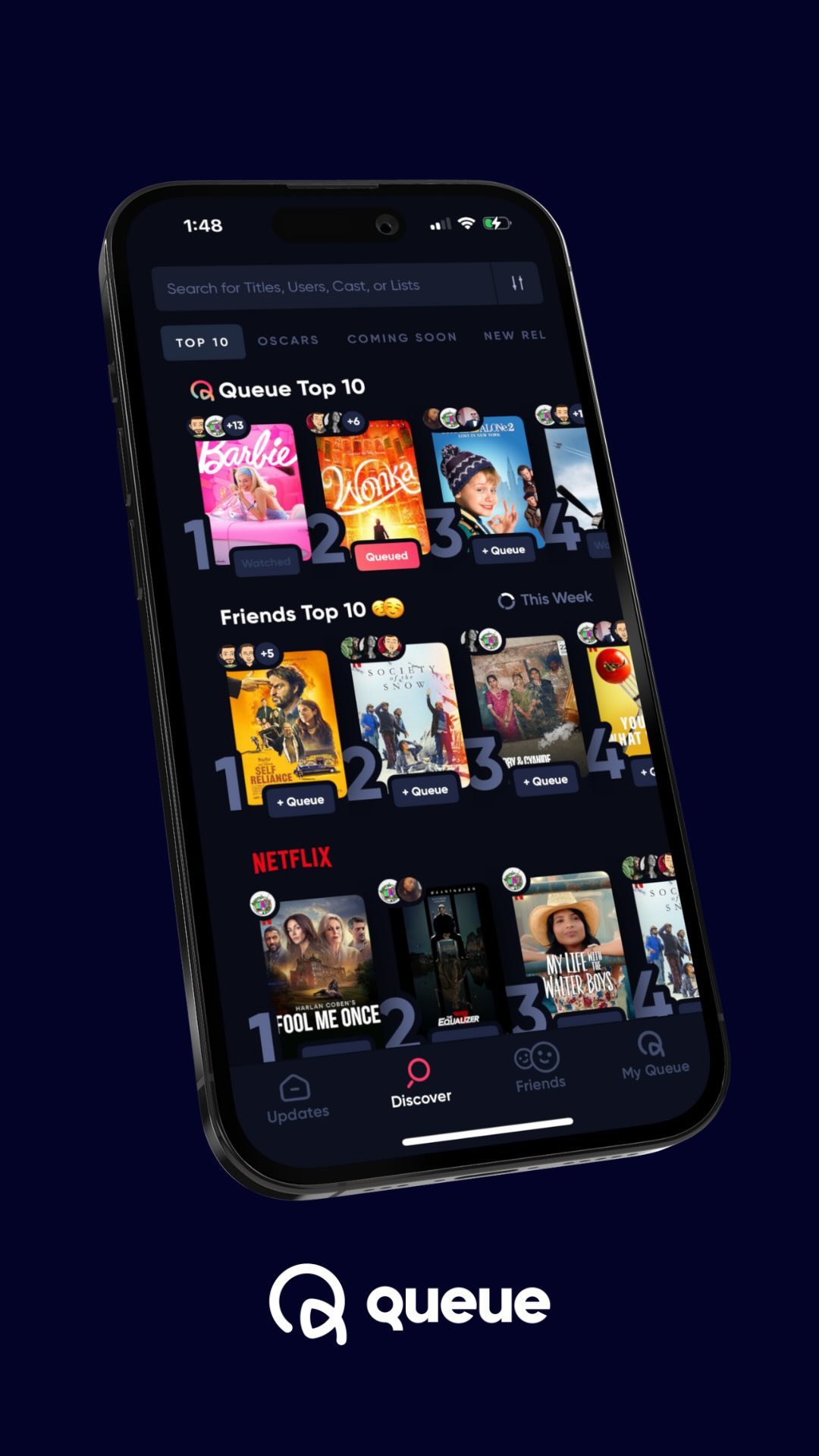 The image shows a smartphone displaying the interface of a movie and TV show tracking app. The app showcases a list of popular movies and shows from different streaming services, organized into categories such as "Queue Top 10" and "Friends Top 10". The app's interface is dark-themed, with movie posters and titles visible. The background is a dark blue gradient.