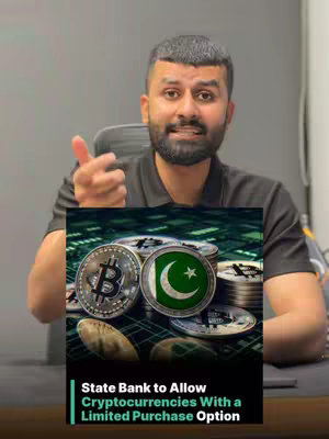 The image shows a man in a black shirt with the top half of his body in view. He's smiling and pointing with his right hand. Behind him is a graphic containing circular crypto coins with the Bitcoin symbol and the Pakistan flag on some of them. Text at the bottom of the graphic reads, “State Bank to Allow Cryptocurrencies With a Limited Purchase Option.”