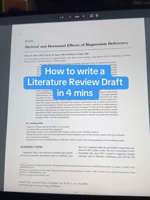A screen recording shows an opened research paper. Above the paper, layered blue text overlay reads "How to write a Literature Review Draft in 4 mins". The paper includes text and charts.